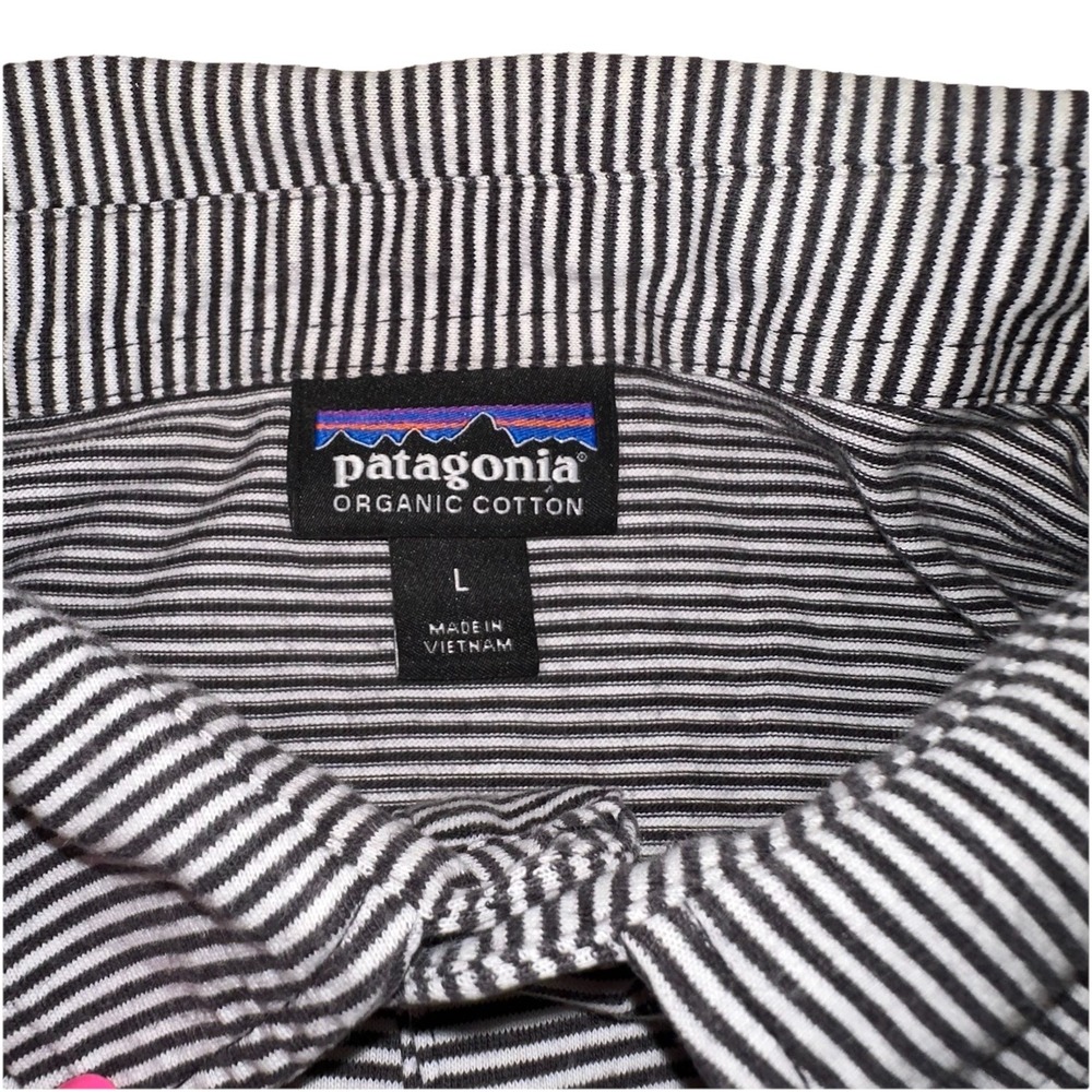Patagonia Black/White Stripe Organic Cotton Short Sleeve Polo Hike Logo Men's L - Picture 3 of 6